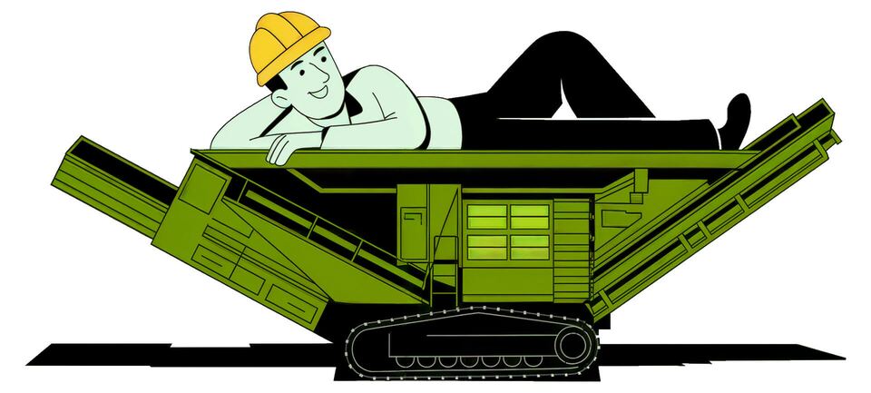 Illustrazione di un uomo rilassato steso su un impianto mobile di smaltimento rifiuti inerti